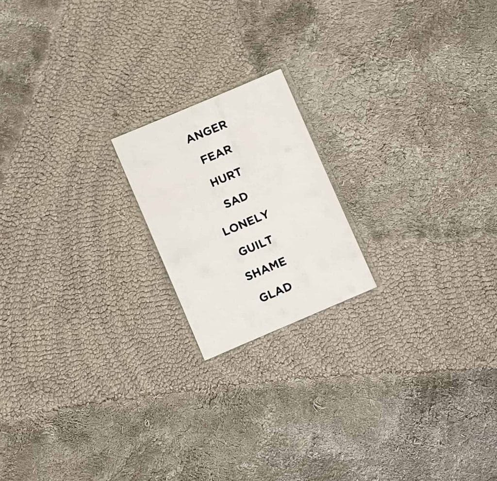 A white sheet of laminated paper that lists eight core feelings, anger, fear, hurt, sad lonely, guilt, shame and glad, sits crooked on camel colored textured carpet.